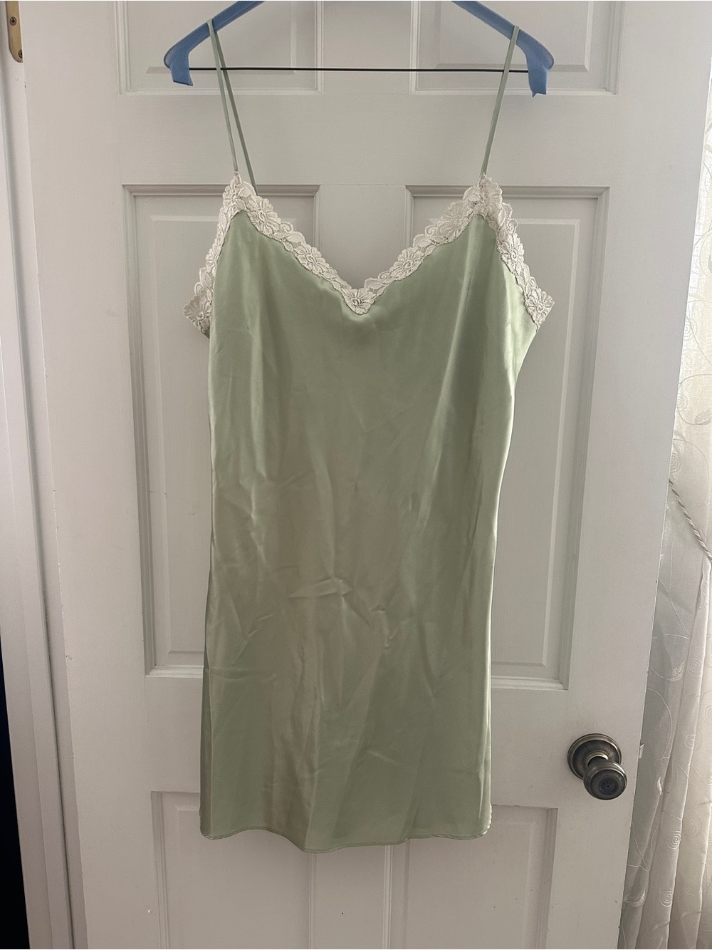 Vintage sage green satin slip nightdress features delicate  ivory lace, L
